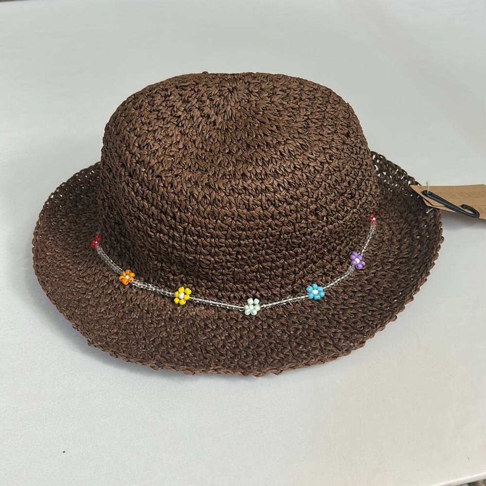 NWT Steve Madden Packable Beach Hat with Beaded Flower Trim